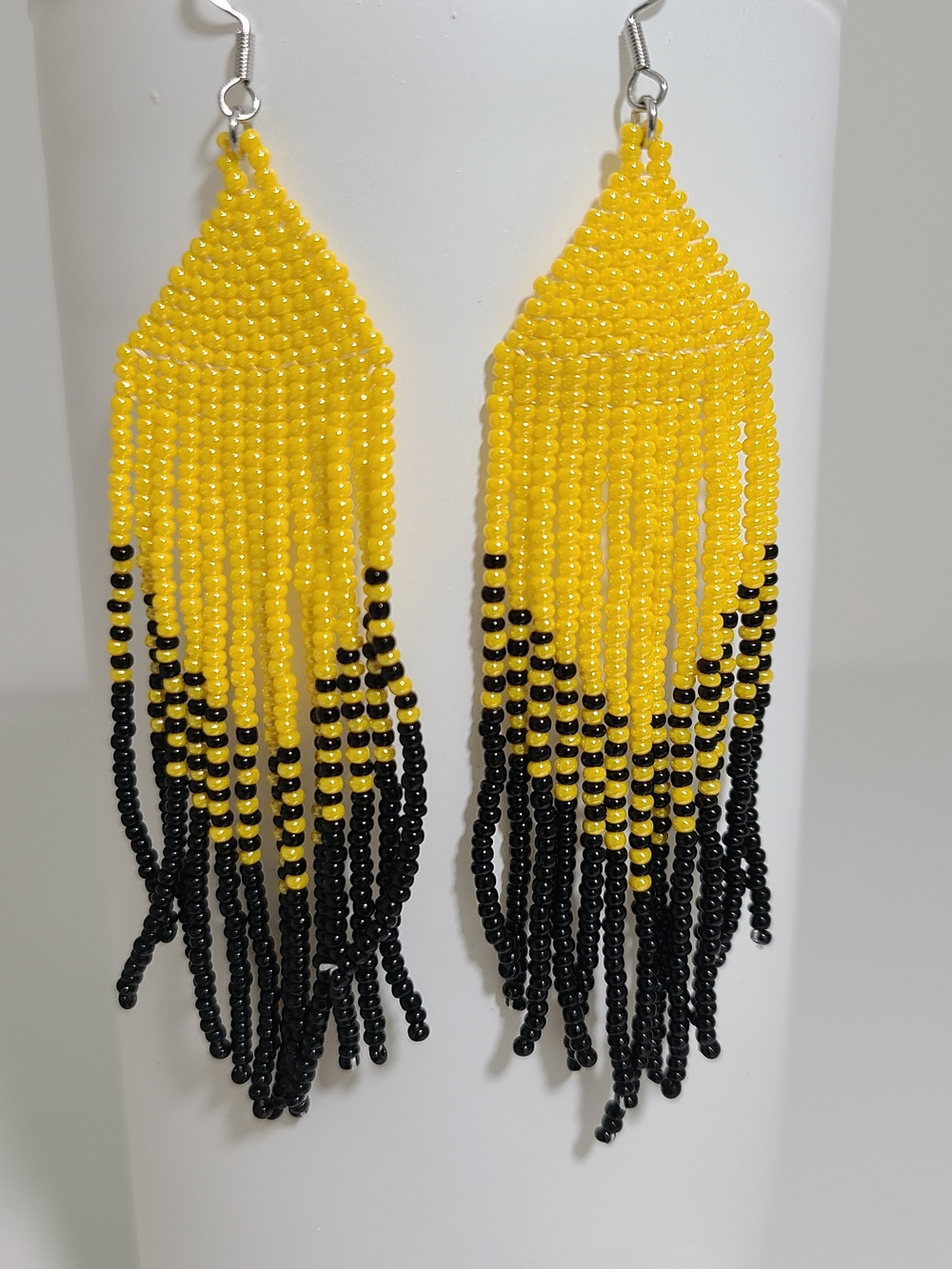 Handmade Yellow and Black Seed Bead Fringe Earrings - Women Jewelry